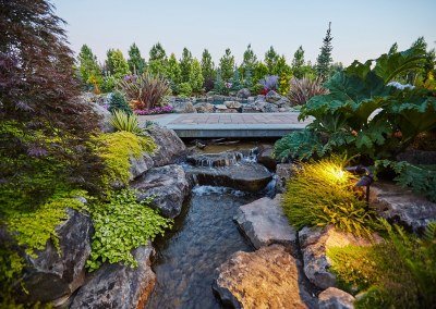 gorgeous plants with stream, bridge, and boulders