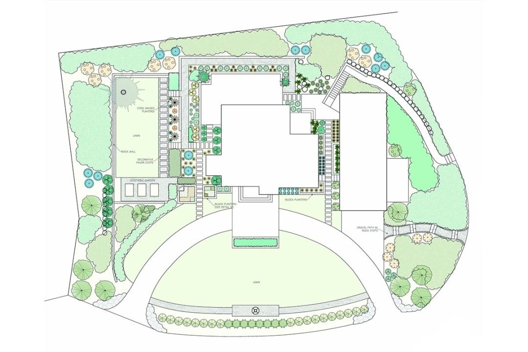 Aerial landscape plan with lots of lawn around a house, with 90-degree paver paths - 7 Dees Landscaping