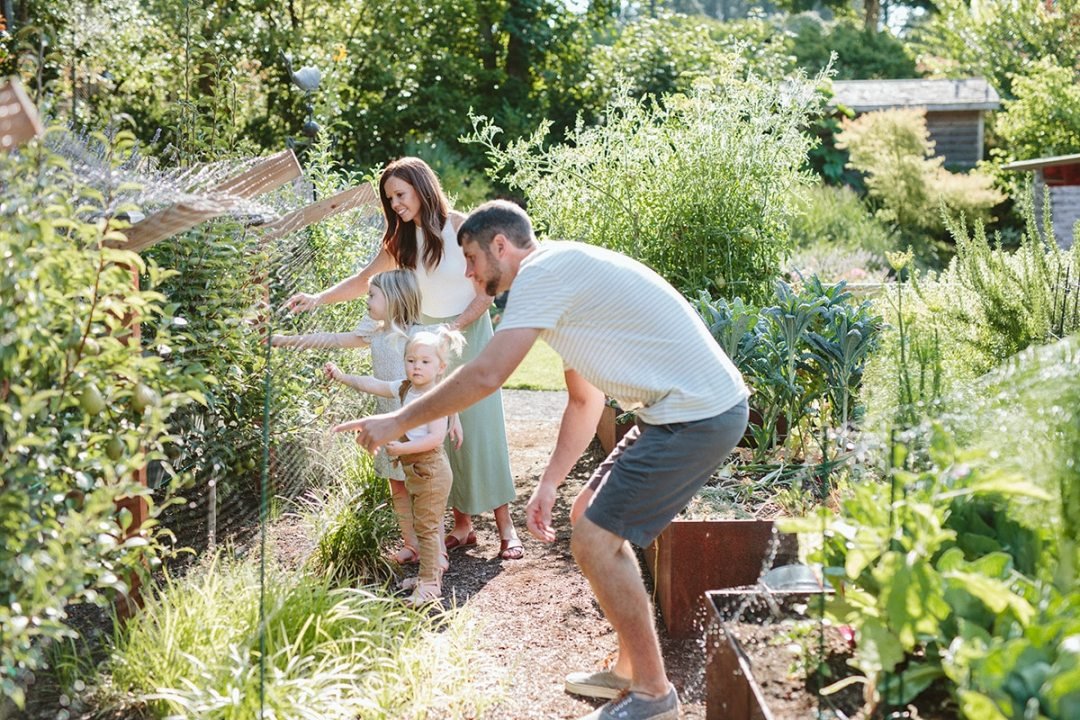 Family in summer garden