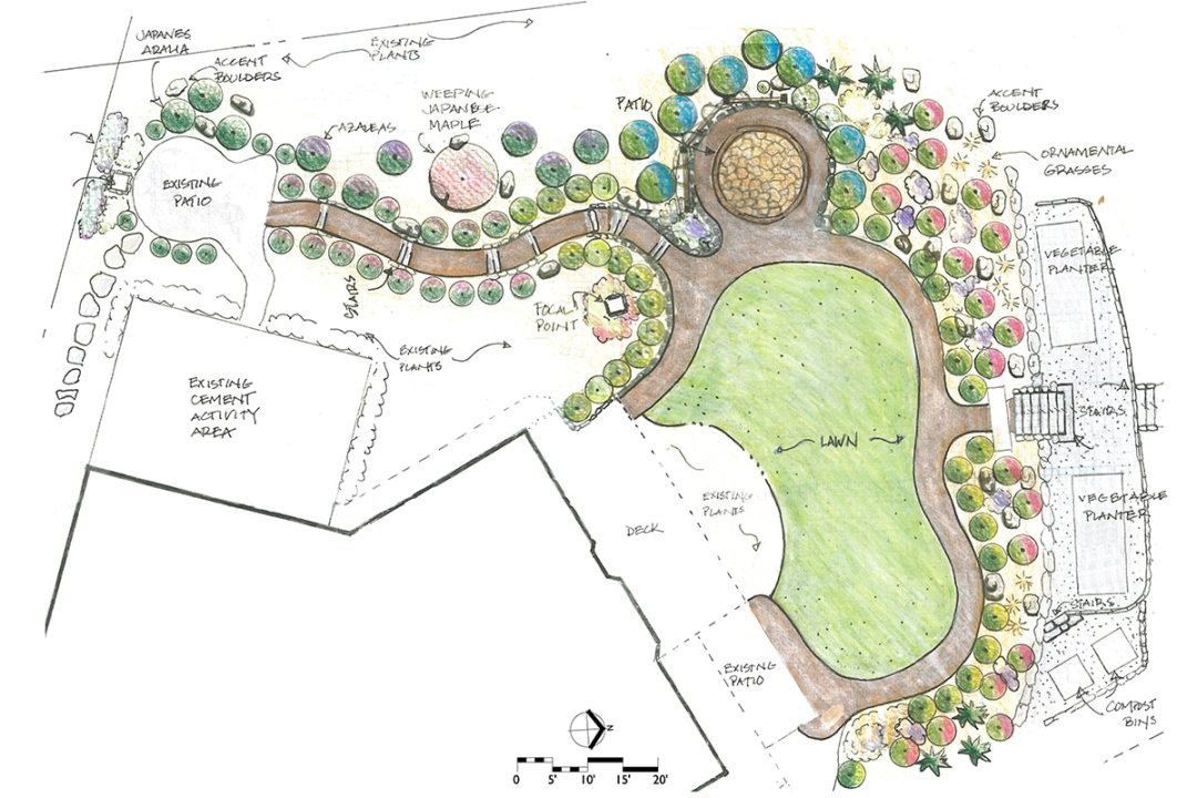 Aerial landscape design with lawn and path to secret patio - 7 Dees Landscaping