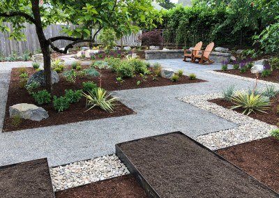 raised garden beds and gravel pathway