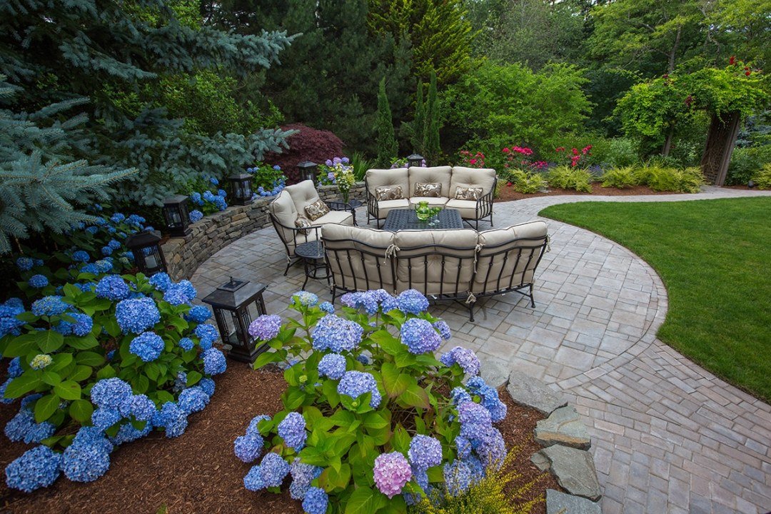 beautiful patio with hydrangeas