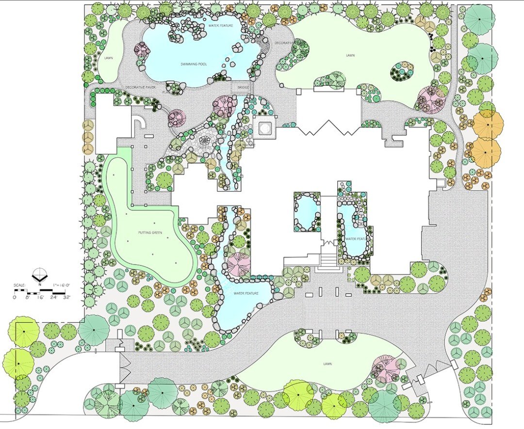 Complex, colored landscape plan with hundreds of plants, a pool, stream, and fields - 7 Dees Landscaping