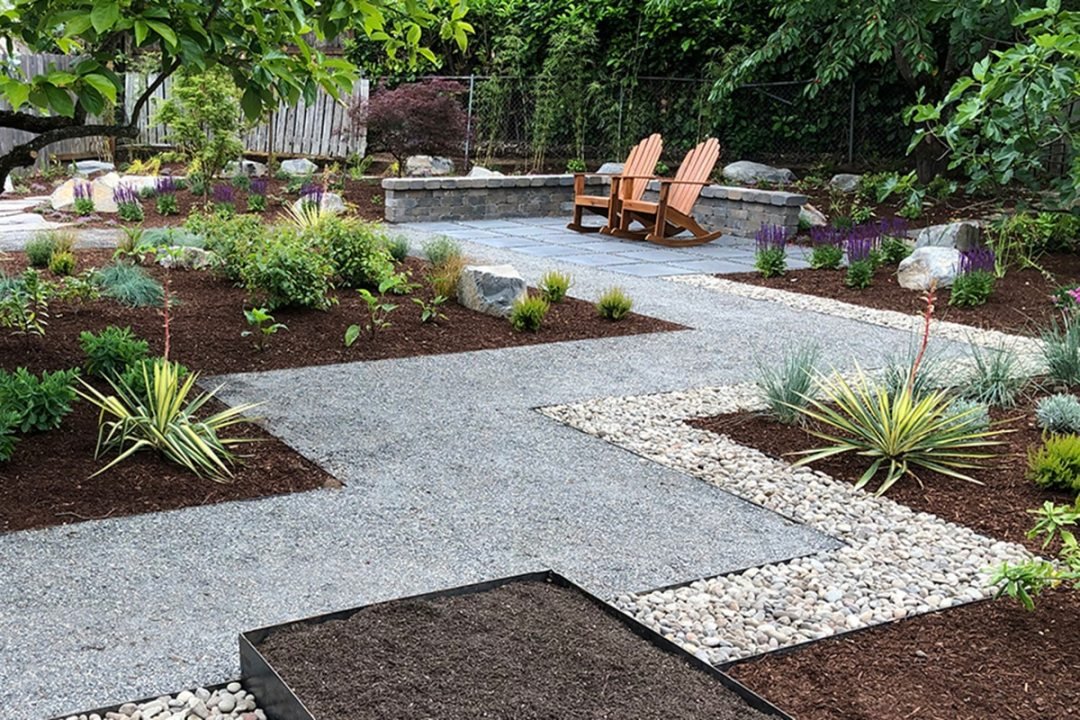 Geometric lines divide a xeriscaped landscape - By Dennis' 7 Dees