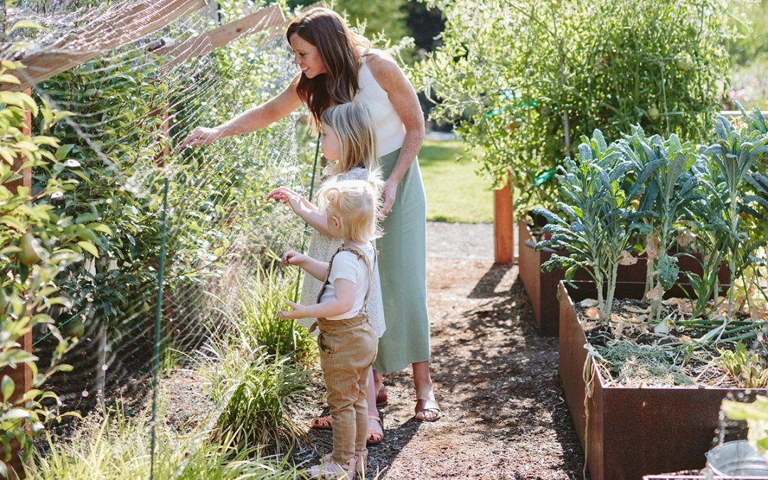 family in veggie garden with raised garden beds by Dennis' 7 Dees