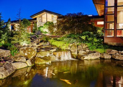 Natural stone trickling waterfall water feature and koi pond by Dennis' 7 Dees Landscaping