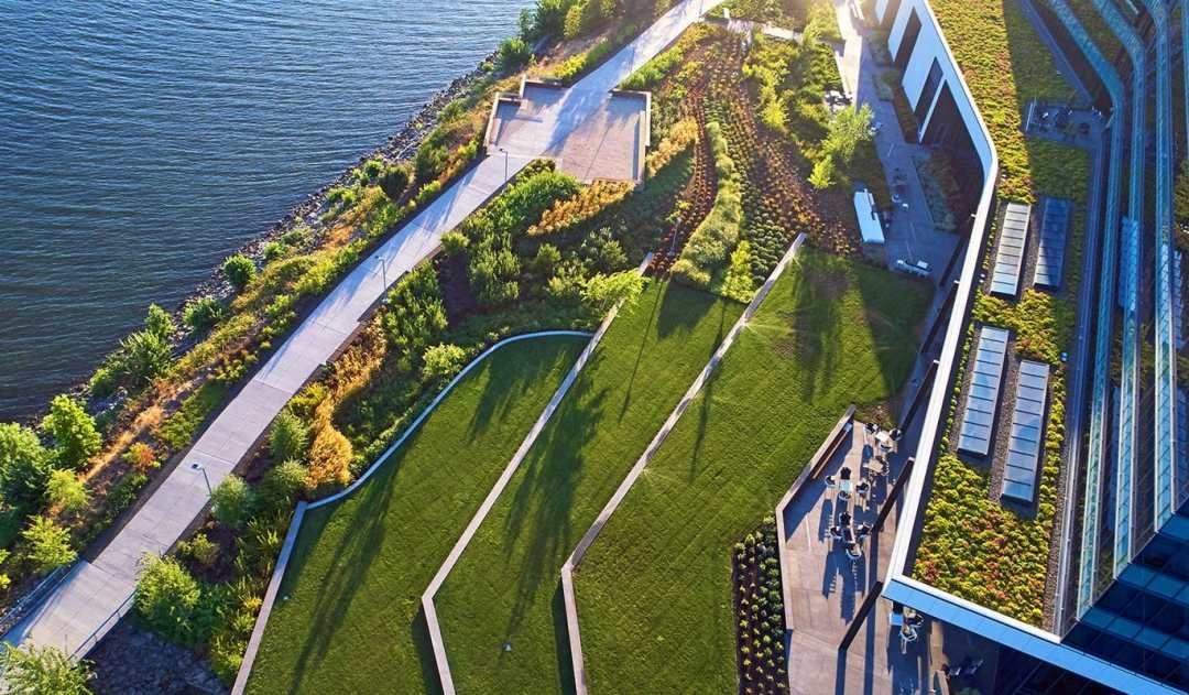 Aerial view of large commercial property's tiered landscaping by 7 Dees